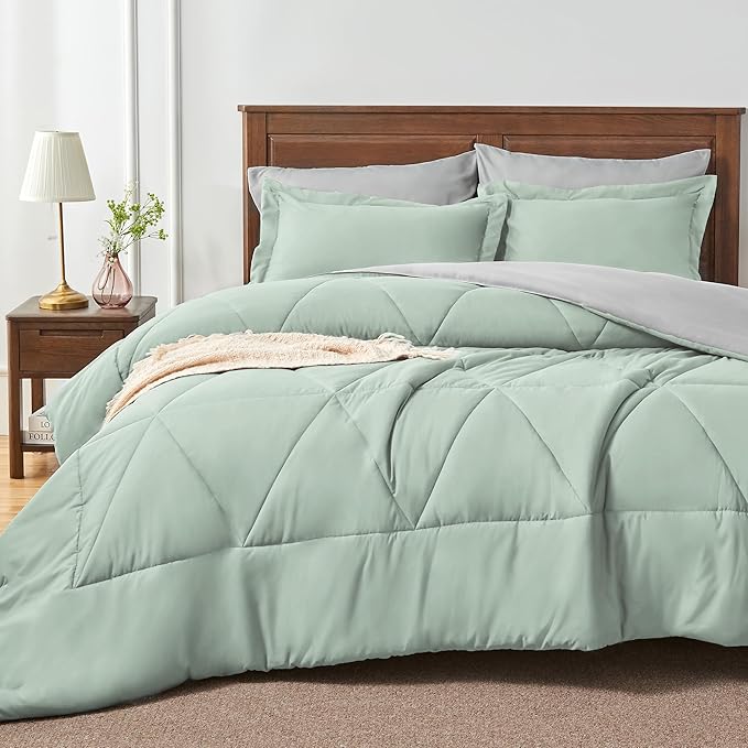 BEDELITE California King Size Comforter Set 7 Pieces Bed in A Bag - Soft Microfiber Reversible Cal King Sage Green Bed Set with Comforters,Sheets,Pillowcases & Shams,Cozy Bedding Sets for All Season