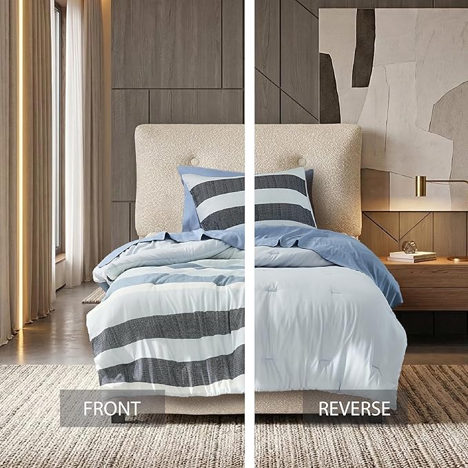 Twin Size Striped Comforter Set, Soft Microfiber Reversible Bedding Sets for All Season 5 Pieces Bed in A Bag Set with Comforter, Sheets, Pillowcase & Sham, Navy/Blue