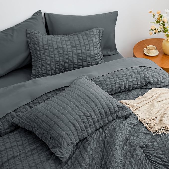 Love's cabin Seersucker Charcoal Grey Twin XL Comforter Set, 5-Piece All Season Lightweight Bed in a Bag Bedding Set with Comforter, Flat Sheet, Fitted Sheet, Pillowcase and Sham | Soft, Breathable, Lightweight