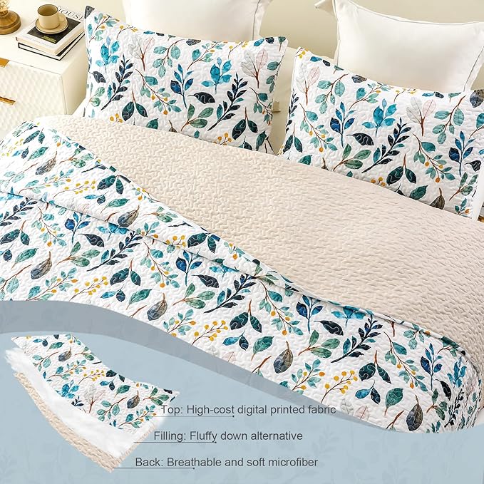 Whale Flotilla Reversible Printed Quilt King Size, Extra Soft Boho Floral Leaf Bedspreads for Bed Lightweight King Quilt Bedding Set Coverlets with 2 Pillow Shams for All Seasons, White Green