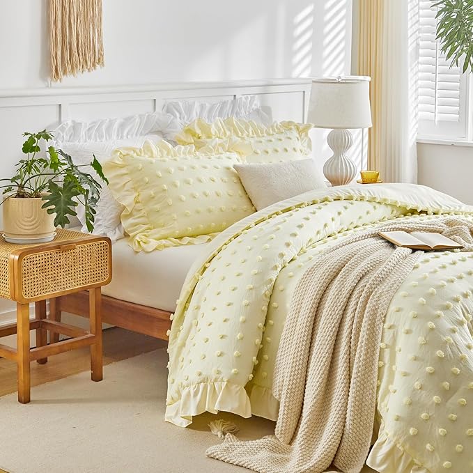 Tufted Dots Ruffle Comforter Set Full/Queen Size, 3 Pieces Yellow Vintage Farmhouse Shabby Chic Comforters, Jacquard Boho Bohemian Bedding Set for All Season (1 Ruffled Comforter+ 2 Pillow Shams)