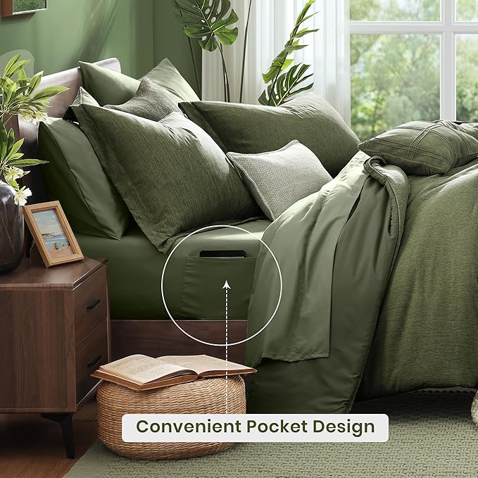 Monbix Super King Plus Size Comforter Set - 7 Pieces Cationic Dyeing Olive Green Bed in a Bag Bedding Sets with Comforter, Sheets, Pillowcases & Shams, Reversible Bedding Comforters Sets