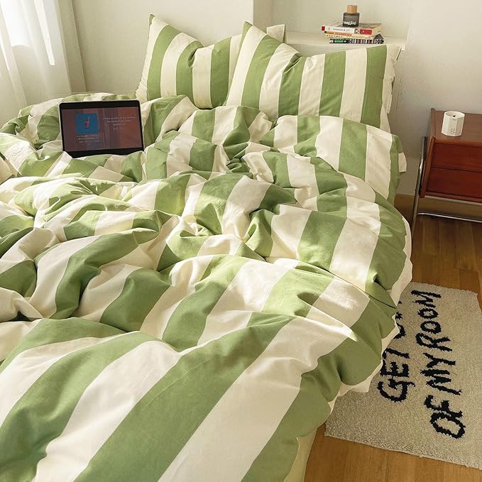 LifeTB Striped Comforter Set Queen Green White Stripes Pattern Printed Comforter 3 Pieces Lightweight Bedding Comforter with 2 Pillowcases Breathable Soft Comfy Farmhouse Striped Comforter Set