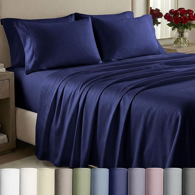 California Design Den Thick and Natural 100% Cotton Queen Bed Sheets Set - 1000 Thread Count Sateen Bedding Sheets & Pillowcases, Deep Pockets, Durable Bedding Set - Navy Blue