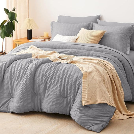 CozyLux Full Size Comforter Sets with Sheets 7 Pieces, Grey Seersucker Bed in a Bag Textured Luxury Soft Gray Bedding Set with Down Alternative Comforter, Sheets, Pillowcases & Shams for All Seasons