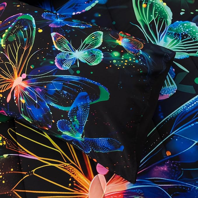 A Nice Night Galaxy Bedding Sets,3D Butterfly Flying in Space Printed,Like Glitter Butterflies 6pcs Bed in a Bag Queen Comforter Set, for Girls Boys Kids Teens