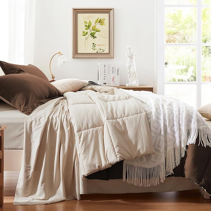 Anluoer Queen Comforter Set,Brown&Beige Bed in a Bag 7 Piece,Lightweight Bedding Set with Soft Down Alternative Fill,Bed Set Includes Comforter, Fitted Sheet, Flat Sheet,Pillowcases and Shams
