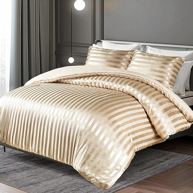 Whale Flotilla 3-Piece Reversible Silky Soft Queen Comforter Set, Luxury Stripe Satin Comforters Full Size Bedding Set with 2 Satin Pillowcases, Lightweight Duvet for All Seasons, Champagne