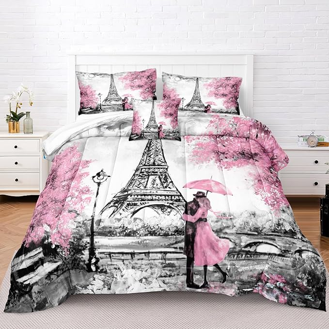 Bedbay Eiffel Tower Comforter Set Queen Size Paris Bedding - Romantic Couple Lovers Printed Girls Women Pink and Grey Soft Lightweight French Style Duvet Set