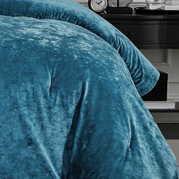 Sunshine Nicole Distressed Velvet Comforter Set, Distressed Velvet Face and Brushed Solid Microfiber Reverse, with Light Weight Soft Poly Fill, 5 Pieces Teal, Queen