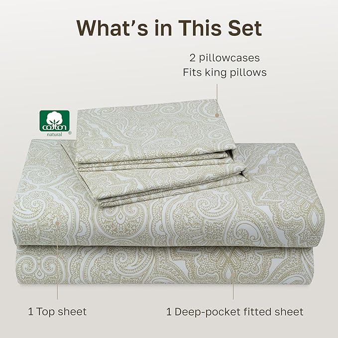 California Design Den California King Sheet Sets - 400 Thread Count Sateen, Natural 100% Cotton Sheets Set, Deep Pocket and Durable Bedding - Paisley Pattern, Beige