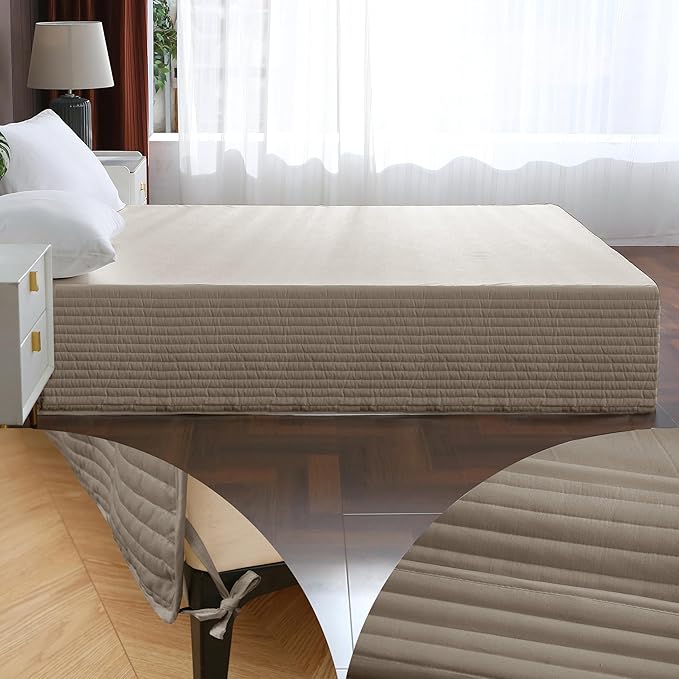 Full Bed Skirt-Box Spring Cover with 14 Inch Tailored Drop,Wrinkle and Fade Resistant Hotel Wrap Around Bed Skirts,Bed Frame Cover (Horizontal Stripe Light Khaki, Full)