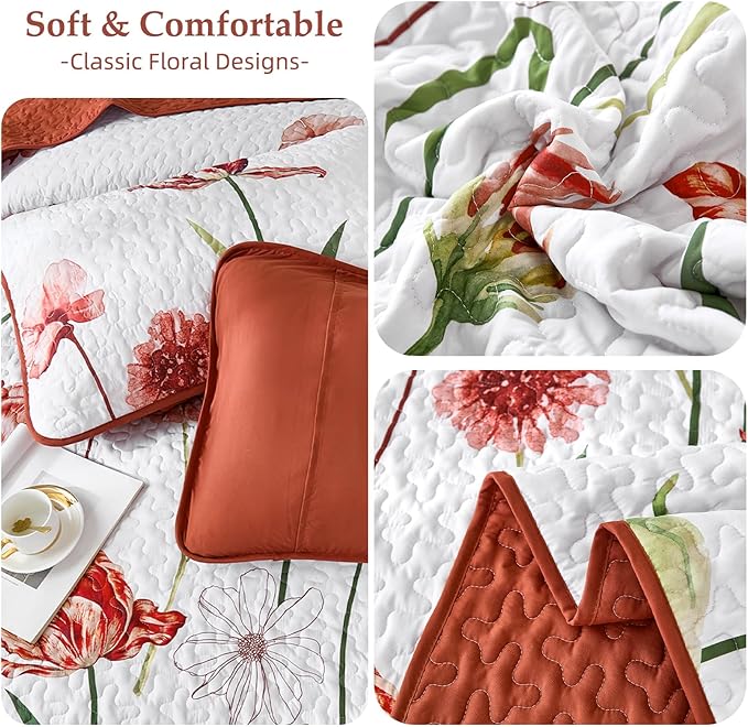 WONGS BEDDING Red Quilt Set Queen Size, Cute Red Floral Botanical Bedspread Bedding Set with 2 Pillowcase, Lightweight Farmhouse Coverlet Set for All Season (96"x90")