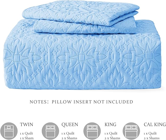 Exclusivo Mezcla King Quilt Bedding Set, Lightweight Soft Bedspreads Coverlets with 2 Pillow Shams, Modern Light Blue Oversized Quilts King Size for All Seasons