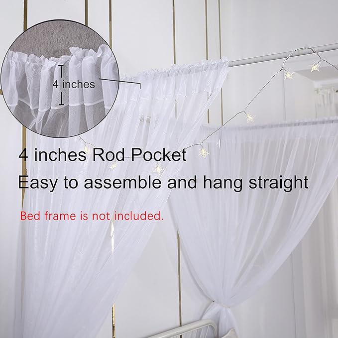 Akiky Princess Canopy Bed Curtains Bed Canopy Curtains with Lights for Queen Size Bed Drapes,8 Panels Canopies with Lights,Room Décor (Full/Queen, White)