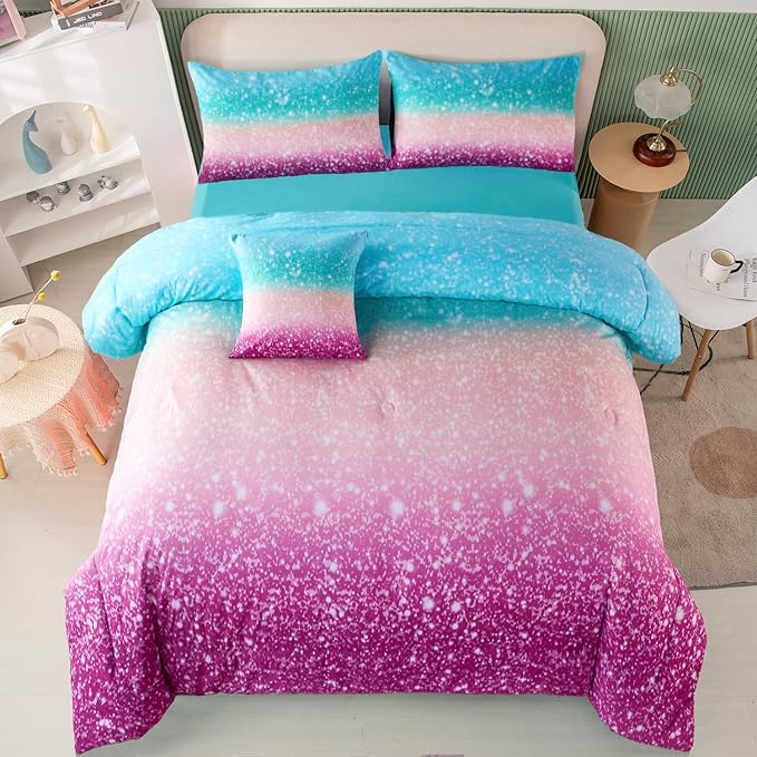 PERFEMET Queen Comforter Set with Sheets, 6 Pieces Tie Dye Rainbow Girls Bedding Set, Gradient Glitter Colorful Ombre Bed in A Bag (Aqua Teal Purple, Queen)