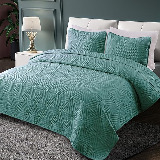 Whale Flotilla Soft Queen Size Quilt Set for All Seasons, 3-Piece Ultrasonic Geometric Quilts Bedding Set, Lightweight Reversible Bedspread, Coverlet, Bed Cover with 2 Pillow Shams, Turquoise Green