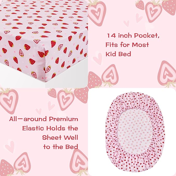 Pink Strawberry Printed Kids Sheet Set Twin Size, 3 Pcs Breathable & Silky Soft Microfiber Kids Fitted Sheet, Bed Sheets with 15" Deep Pocket for Boys and Girls
