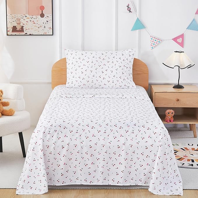 Kids Sheet Set Twin Size, Twin Sheet Set with Little Cherry Pattern，Breathable Silky Soft Microfiber Kids Fitted Sheet