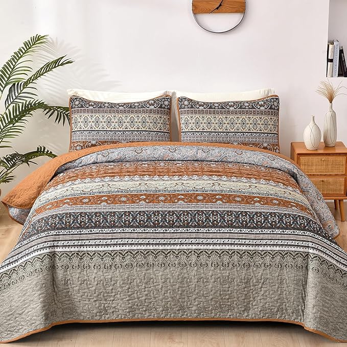 WONGS BEDDING Boho Fall Quilt Set California King, Brown and Grey Bohemian Striped Pattern Printed Quilt Coverlet, Lightweight Bed Decor Bedspread for All Season 106"x96"(3 Pieces, Cal King)