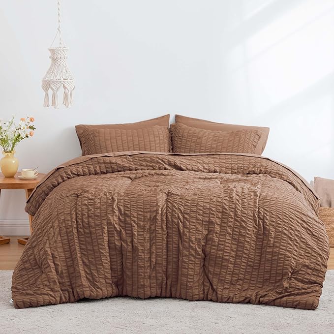 Love's cabin Seersucker Mocha Mousse Full Comforter Set, 7-Piece All Season Lightweight Bed in a Bag Bedding Set with Comforter, Flat Sheet, Fitted Sheet, Pillowcases and Shams | Soft, Breathable, Lightweight