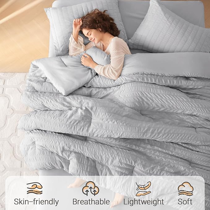 MUXHOMO 5 Pieces Twin Comforter Set, Seersucker Bed in a Bag Twin Size, All Season Luxury Bedding Set with Comforter, Flat Sheet, Fitted Sheet, Pillowcase & Sham, Light Grey