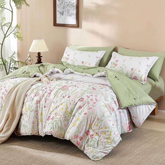 Yiran 7 Piece Pink Green Floral Comforter Set King Size, Cute Botanical Comforters Lightweight Coquette Bedding Set Flower Bed in a Bag Soft Farmhouse Bedding Set with Sheets for Women