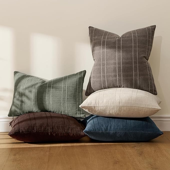 MIULEE Decorative Linen Check Throw Pillow Covers Neutral Farmhouse Vintage Pillow Covers 20x20 Set of 2 Boho Modern Winter Home Decor for Sofa Couch Bedroom Cushion Dark Brown