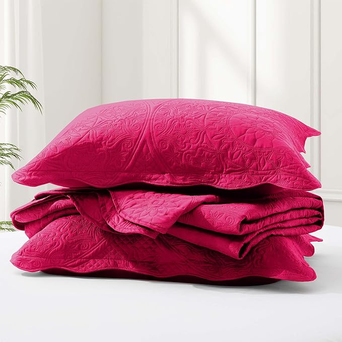 MOONLIGHT20015 California King Quilt Bedding Set Size (118"x106") + 2 Pillow Shams (20" x 36"+ 2") - 3 Pcs All Season Reversible Microfiber Coverlet Embossed Floral Quilt Bedspread (Pink)