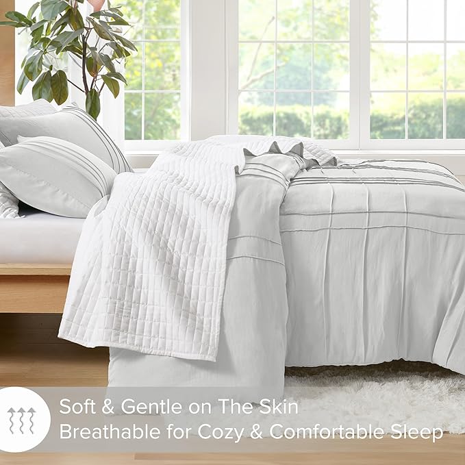 Comfort Spaces Silver Queen Size Duvet Cover Set - 3-pc Pintuck Pleated Duvet Cover Queen, All Season Lightweight, Extra Softness Pre-Washed Microfiber Queen Bed Cover Shams, Queen