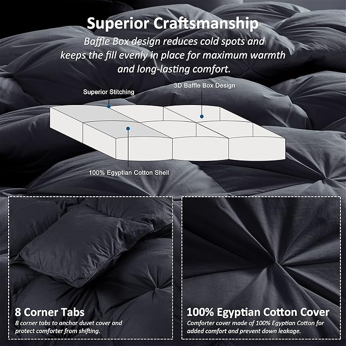Luxurious All-Season Goose Down Feather Fiber Comforter Twin Size Duvet Insert, Exquisite Pinch Pleat Design, Premium Baffle Box, 100% Egyptian Cotton Cover, 50 oz. Fill Weight, Black