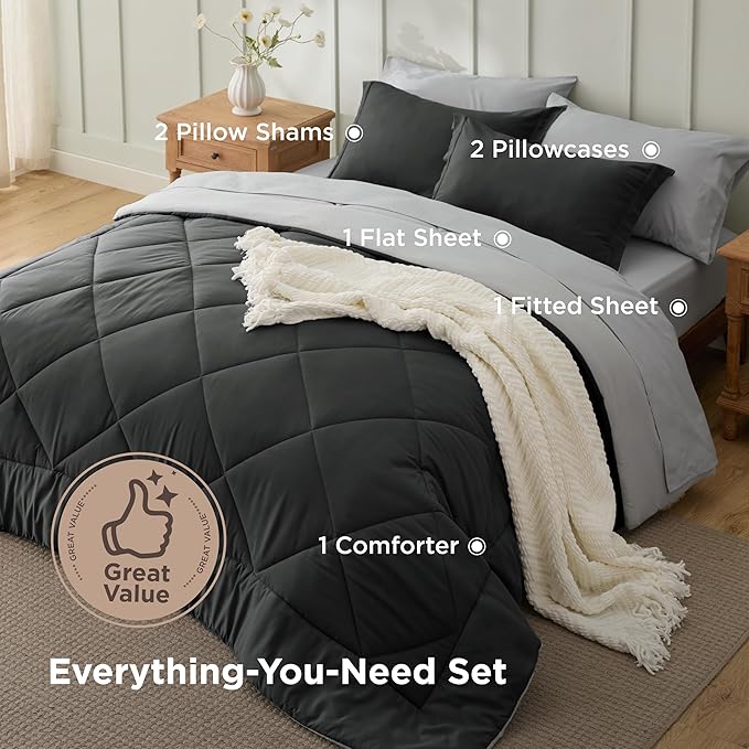 Bedsure Charcoal Grey King Comforter Set - 7 Pieces Reversible Bedding, King Size Bed Set for All Seasons, Bed in a Bag with Down Alternative Comforter, Sheets, Pillowcases & Shams