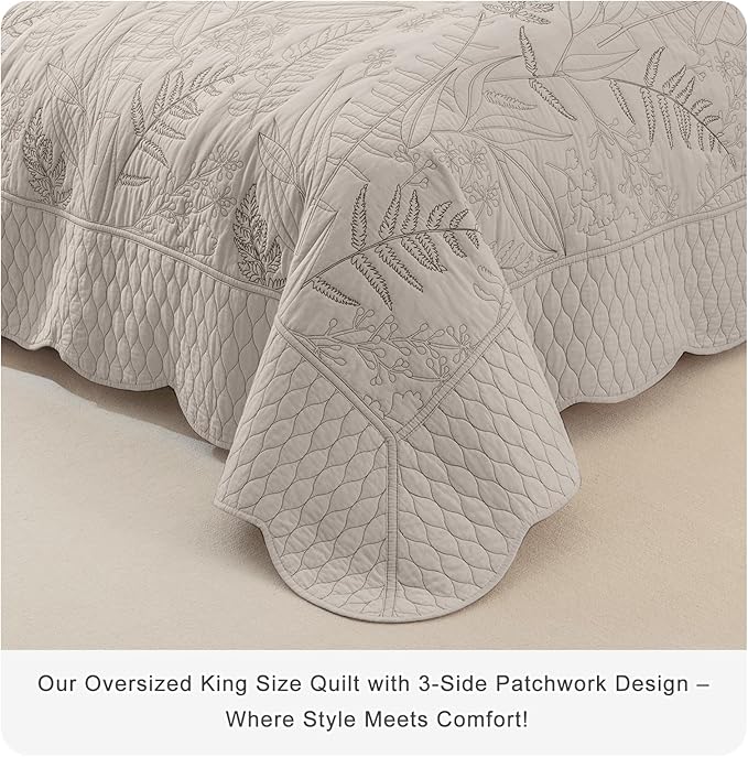 Lady Ann Oversized King Bedspread 120x120, Leaves Pattern Stitching Printed Quilt Set Soft & Lightweight Linen Feel Quilted Coverlet, 3 Pcs Extra Large Botanical Bedding Sets