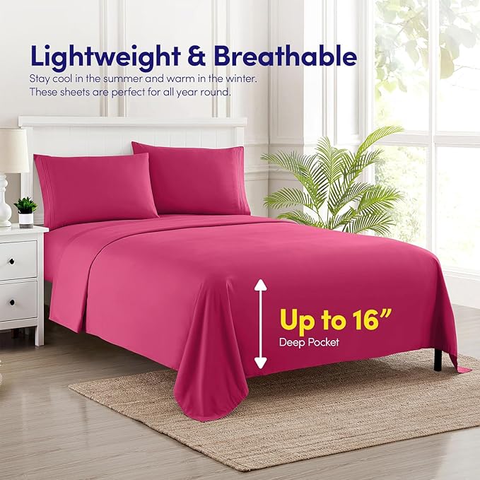 Twin Size Sheet Set with Built-in Sheet Straps - Deep Pocket Fitted Sheet, Flat Sheet & Pillowcases - Soft, Wrinkle-Free, Secure Fit - Fuschia