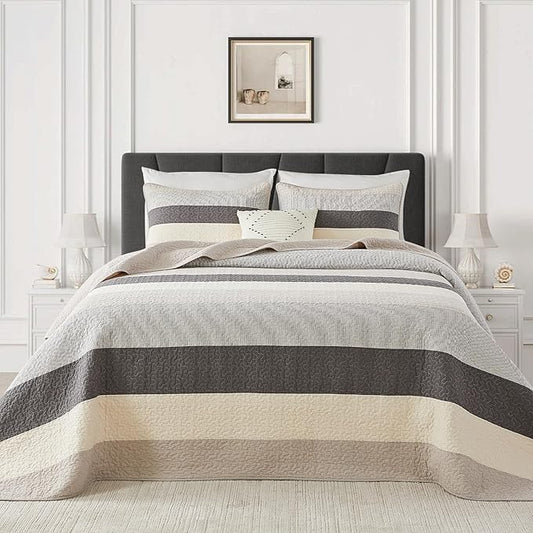 Oversized King Quilt Bedspread Coverlet 120x120, 100% Cotton Extra Large Quilt with Pillow Shams, Soft Yarn Dyed Striped Bedding Set, Gray/Khaki/Beige/Charcoal