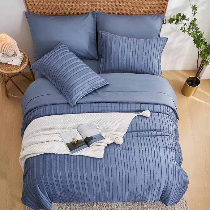 WURUIBO Comforter Set Size, Blue Comforter Set Queen Size, 7 Pieces Bed in a Bag, Ultra Soft Queen Bedding Set, Bed Set for All Seasons, Flat Sheet, Fitted Sheet, Pillowcases, Pillow Shams
