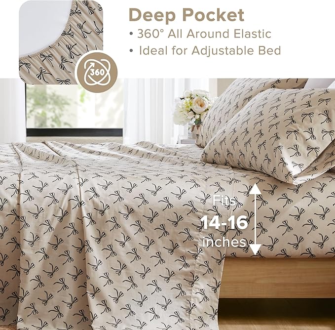 Comfort Spaces 100% Cotton Sheets Queen, Breathable, Naturally Cool Cotton Sheets, Cotton Bed Sheets with 14" Elastic Pocket Fits up to 16" Mattress, All Seasons Sheet Set, Bow Black/Taupe 4 Piece