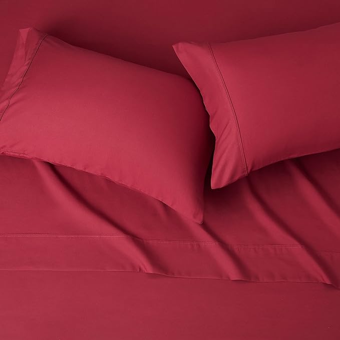 Amazon Basics Lightweight Super Soft Easy Care Breathable Brushed Microfiber 4-Piece Bed Sheet Set with 14-Inch Deep Pockets, Wrinkle Resistant, Queen, Burgundy, Solid
