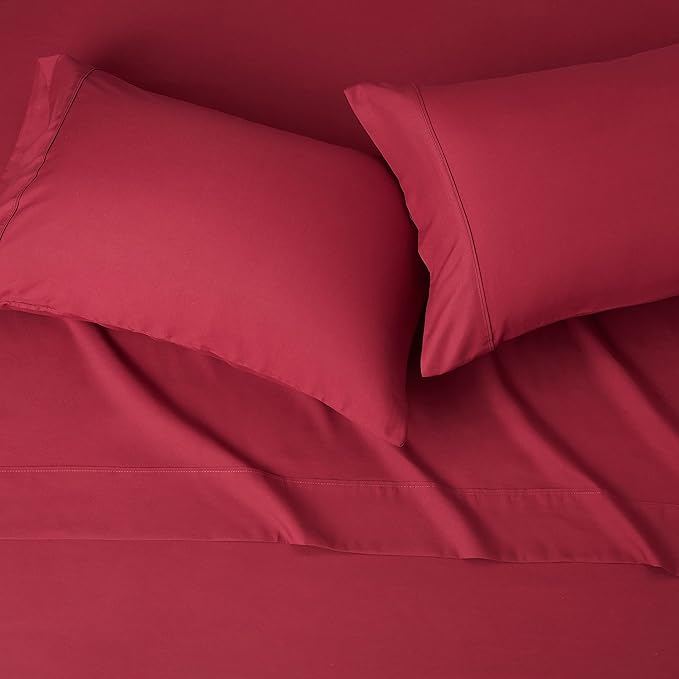 Amazon Basics Lightweight Super Soft Easy Care Breathable Brushed Microfiber 4-Piece Bed Sheet Set with 14-Inch Deep Pockets,Wrinkle Resistant,Queen,Burgundy,Solid,(Pack of 4)