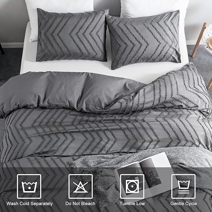 WARMDERN Boho Duvet Cover Set, Tufted Bedding Duvet Covers Soft Washed Microfiber Duvet Cover Queen Size, 3 Pieces Embroidery Shabby Chic Duvet Cover with Zipper Closure(Grey, Queen)