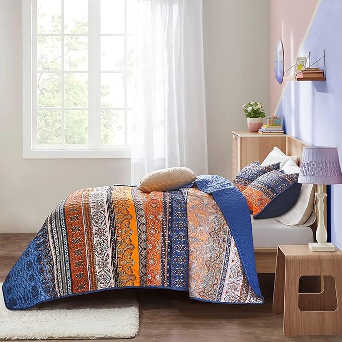 WONGS BEDDING Boho Fall Quilt Full Size, 3 Pieces Orange Blue Bohemian Lightweight Microfiber Bed Decor Bedspread for All Season 78"x90" (Blue Orange, Full)
