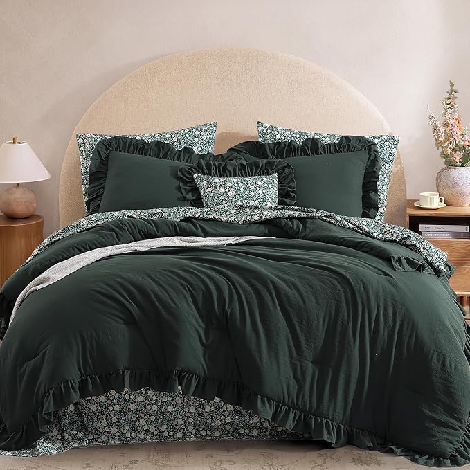 Queen Comforter Set - 7 Pieces Ruffle Forest Green Bedding Sets, Shabby Chic Farmhouse Bed in a Bag with Ruffle Comforter, Floral Sheets, Pillowcases & Shams