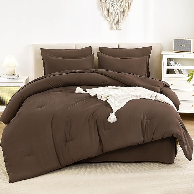Litanika Queen Comforter Set Brown - 7 Pieces Bed in a Bag Queen Bedding Comforter Sets, Solid Lightweight Bed Set with Comforter, Sheets, Pillowcases & Shams