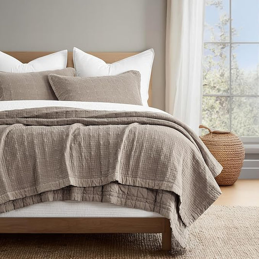 EVERGRACEHOME Stonewashed Cotton Quilt Set Queen Size, Ultra Soft Oversized Bedspread Coverlet Set, Lightweight Crinkle Box Stitch Bedding Sets for All Season, with 2 Shams, Truffle Taupe Brown