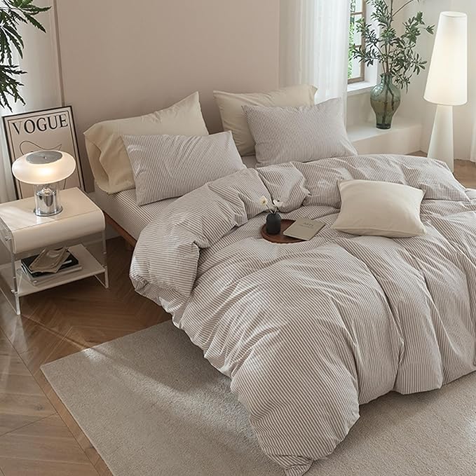 JIYUAN 100% Washed Cotton Striped Duvet Cover Set 3 Pieces Queen, 1 Duvet Cover and 2 Pillowcases(Comforter Not Included),Linen Like Comfy and Breathable,Pinstripes - Taupe White