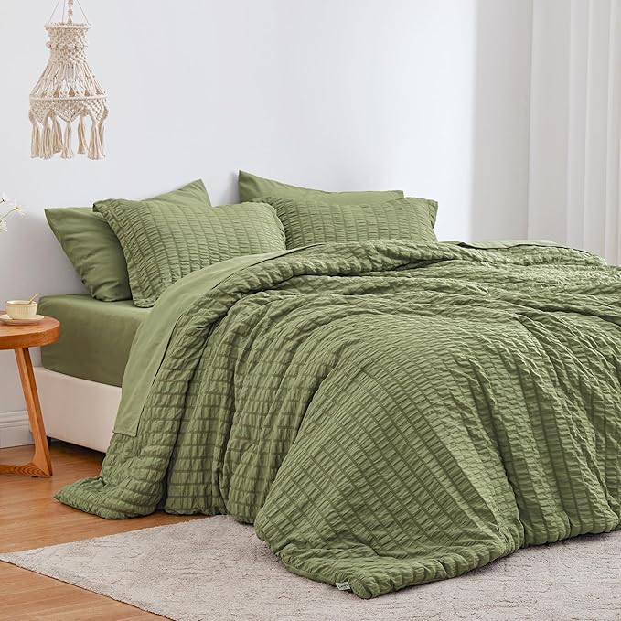 Love's cabin Seersucker Sage Green California King Comforter Set, 7-Piece All Season Lightweight Bed in a Bag Bedding Set with Comforter, Flat Sheet, Fitted Sheet, Pillowcases and Shams | Soft, Breathable, Lightweight
