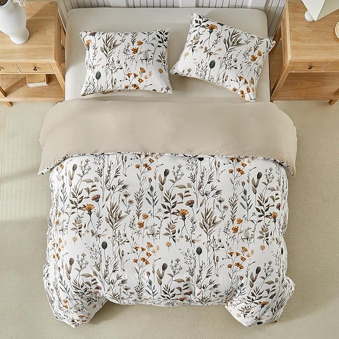 Lekesky Queen Size Duvet Cover Set, Lightweight Soft Microfiber Comforter Cover, Reversible Duvet Cover Queen with Branch Pattern, 3 Pieces Khaki Bedding Set with Zipper and 2 Pillowcases
