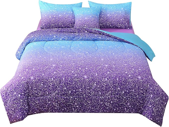 JQinHome Queen Blue Purple Comforter Set, 6 Piece Bed in A Bag 3D Colorful Ombre Bedding Set for Girls Women (1 Comforter,2 Pillowcases,1 Flat Sheet,1 Fitted Sheet,1 Cushion Cover)(Blue Purple)