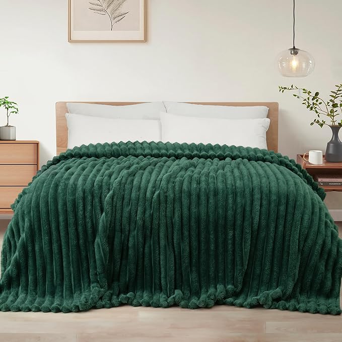 Exclusivo Mezcla Twin Size Flannel Fleece Blanket, Super Soft Striped Jacquard Bed Blanket, Lightweight Fuzzy Cozy for All Seasons, 60x80 Inches, Forest Green