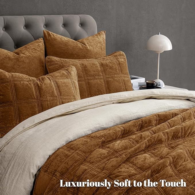PHF Ultra Soft Velvet Quilt Set King Size – 3PCS Luxurious Cozy Quilted Comforter Alternative with Diamond Pattern, Warm Quilted Bedspread Coverlet, 108" x 92", Rusty Burnt Orange